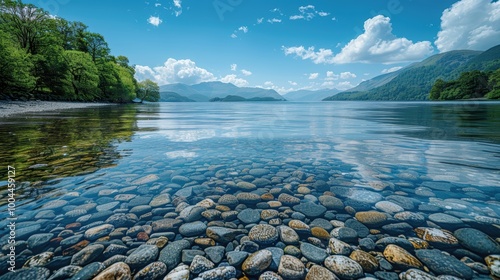 Crystal clear lake with pebbles visible beneath the water surface, surrounded by lush green trees and mountains under a vibrant blue sky with fluffy clouds photo