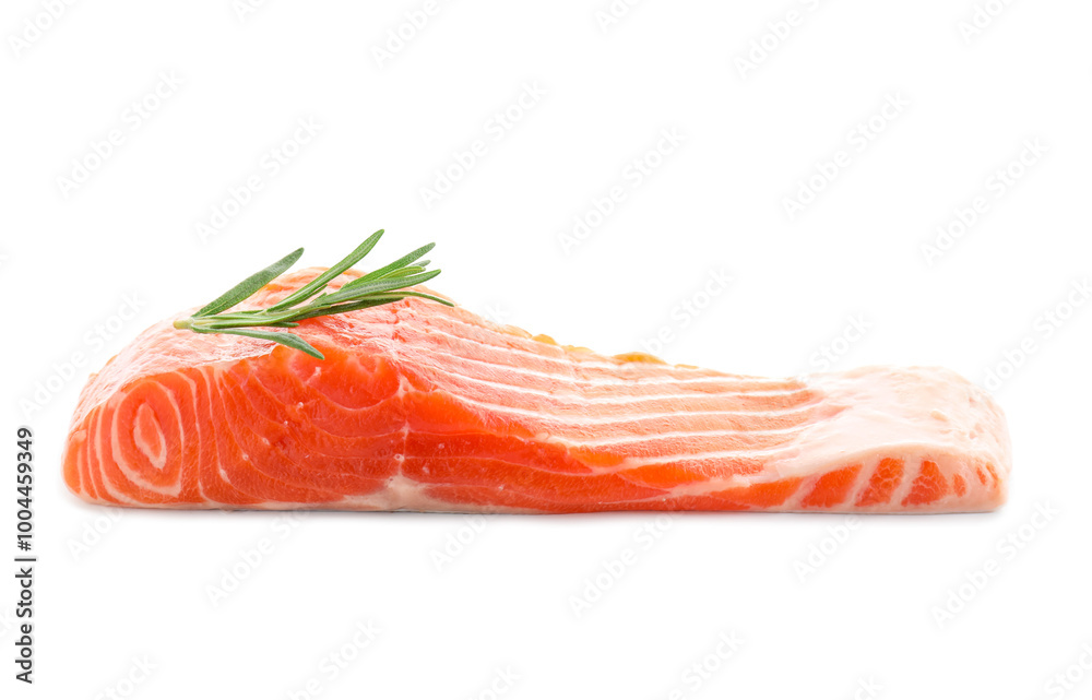 Piece of fresh salmon with rosemary isolated on white Piece of fresh salmon with rosemary isolated on white
