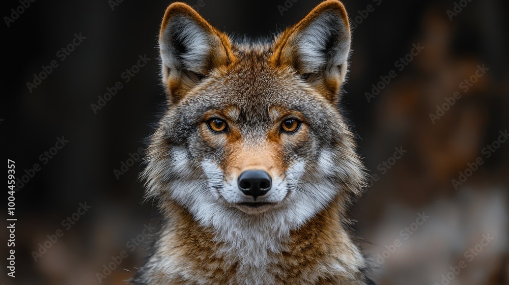 A close-up of a beautiful coyote staring directly at the camera in a forest during daylight hours