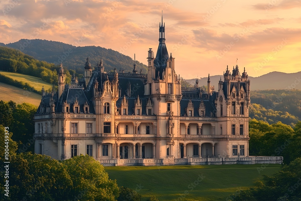 Naklejka premium Majestic castle with ornate facade and soaring spires nestled amidst scenic rolling hills bathed in the warm glow of a sunset evoking a sense of timeless elegance and grandeur