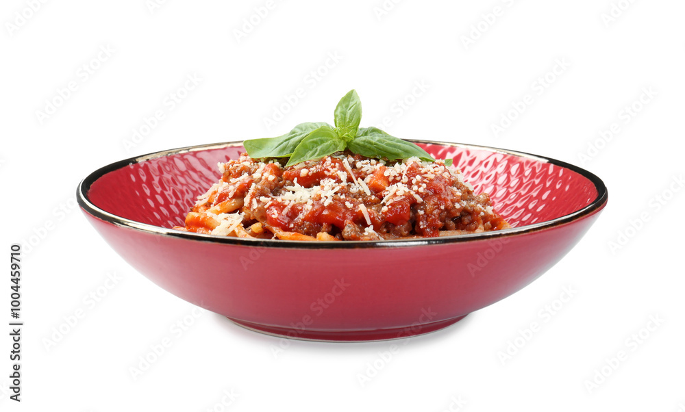 Delicious pasta bolognese with basil isolated on white Delicious pasta bolognese with basil isolated on white