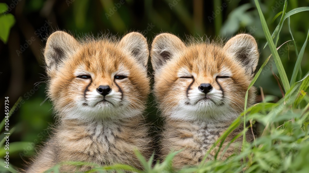 Obraz premium Two adorable young fox cubs resting together in lush green grass under soft sunlight in a natural habitat, captured during early spring
