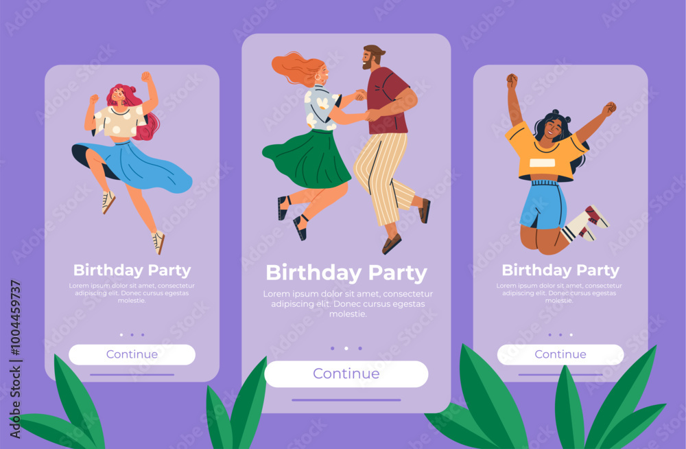 Three joyful characters dancing and jumping on purple backgrounds. Ideal for birthday parties, event invitations, celebrations, party announcements, and social media posts. Bright colorful vector fun Three joyful characters dancing and jumping on purple backgrounds. Ideal for birthday parties, event invitations, celebrations, party announcements, and social media posts. Bright colorful vector fun