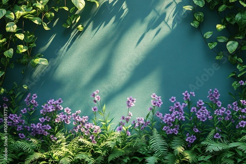 A wall with a green background and purple flowers on it