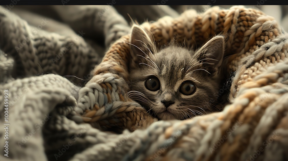 Fototapeta premium A cute plush cat nestled in cozy knitted blanket soft natural light highlighting its features