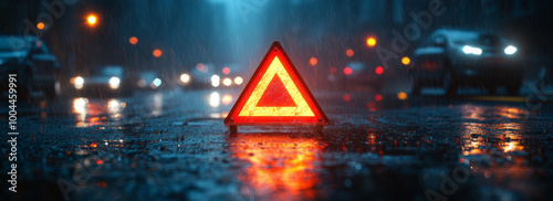 Close-up of an emergency triangle sign on the road at night in heavy rain, with reflections and blurred lights in the background. High-resolution photography, insanely detailed.