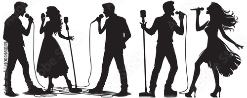 Man and woman singer silhouette, male female singing on mic vector illustration black and white art design