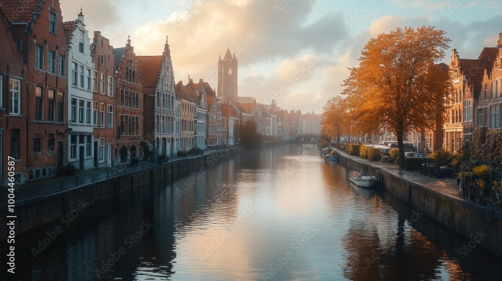 Fototapeta premium Autumn morning by Bruges canal