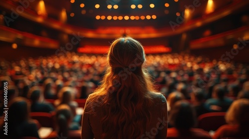 Audience view from behind a woman at a theater performance.