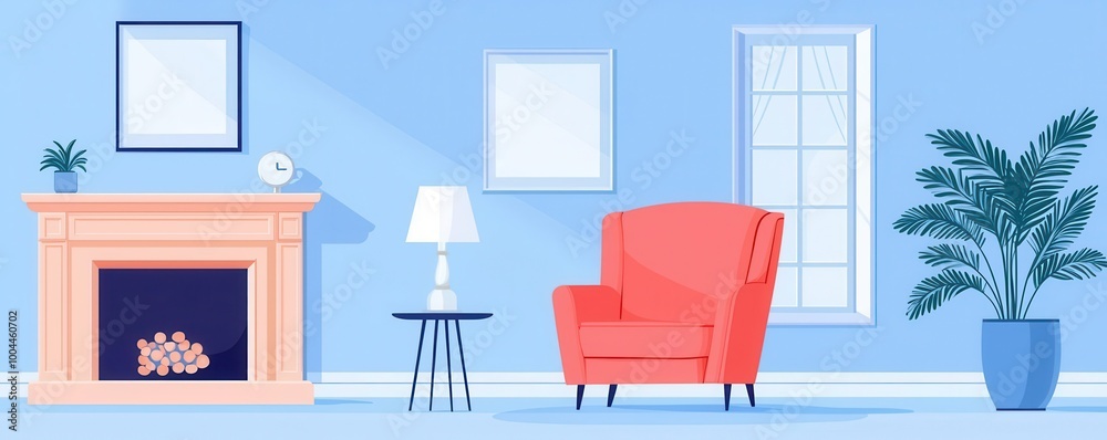 Modern interior with a cozy chair, fireplace, and vibrant decor. Modern interior with a cozy chair, fireplace, and vibrant decor.