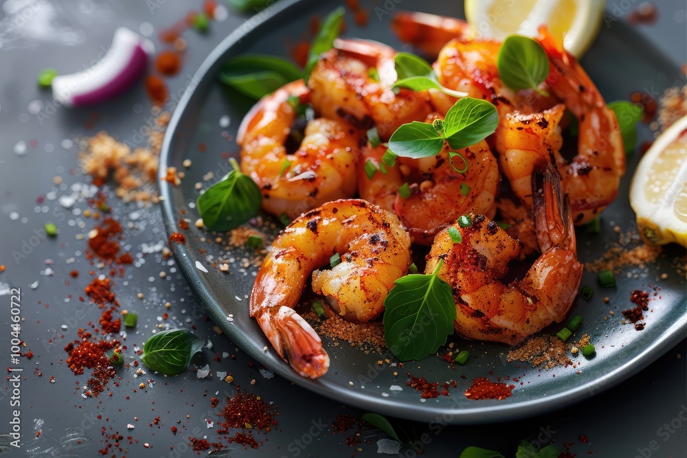 Closeup of grilled shrimp on a white plate with parsley garnish Closeup of grilled shrimp on a white plate with parsley garnish