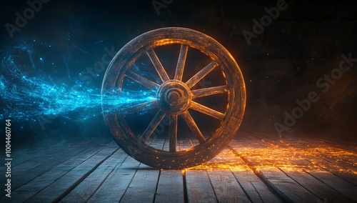 Illuminated Wooden Cart Wheel: A Fusion of Tradition and Technology, AI generated illustration