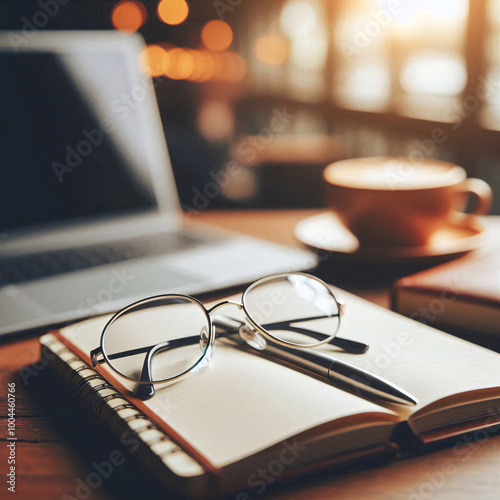 Glasses resting on an open notebook, a pen beside it, with a laptop and a cup of coffee in the background photo