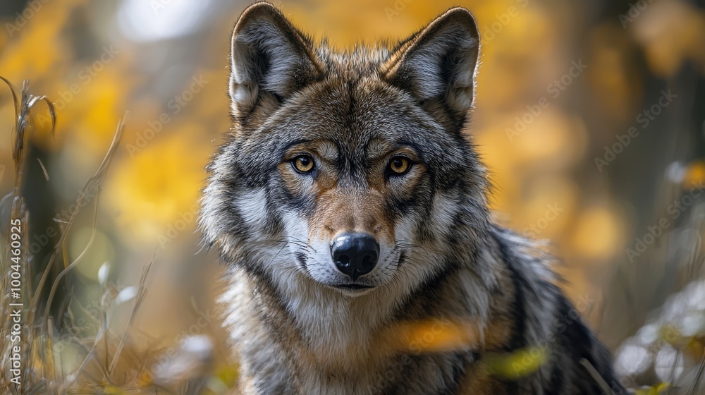A close-up of a majestic wolf amidst golden autumn foliage in a serene forest setting during late afternoon light A close-up of a majestic wolf amidst golden autumn foliage in a serene forest setting during late afternoon light
