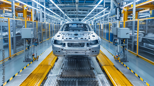 Car bodies are on assembly line. Factory for production of cars