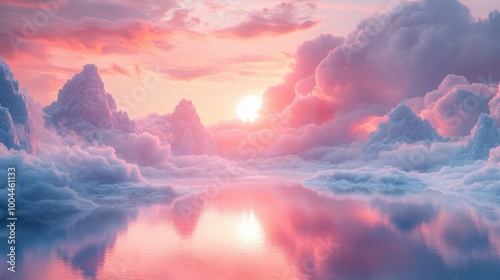 Experience a breathtaking surreal dreamscape featuring vibrant clouds and a tranquil sunset reflected in calm water, creating an ethereal atmosphere.