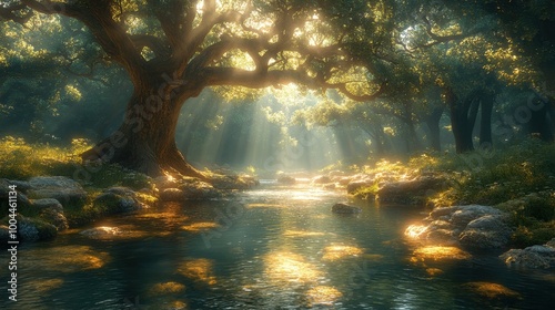 A beautiful forest with ancient trees towering into the sky, sunlight filtering through the canopy, and a clear stream winding through the bushes.