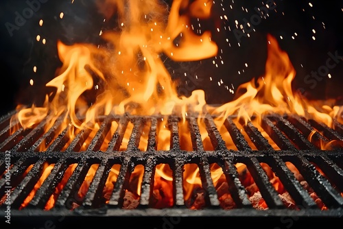 Glowing barbecue grill with flames rising between the grates, hot embers and sparks flying, intense heat and fire, perfect for a grilling concept