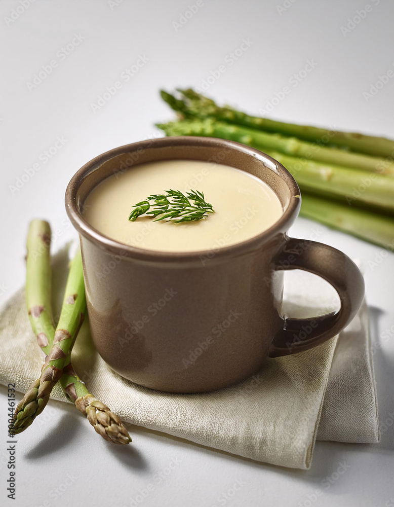 A creamy asparagus soup in a brown ceramic mug, garnished with dill and black pepper