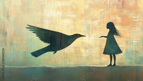 Concept Art Of Freedom And Feminism: Girl With Bird Shadow Depicting Child Dream, Kid Hope, And Imagination In Surreal 3d Painting Illustration photo