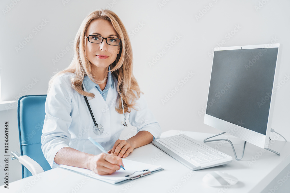 Portrait of beautiful female doctor with desktop pc and clipboard sitting at desk in clinic Portrait of beautiful female doctor with desktop pc and clipboard sitting at desk in clinic