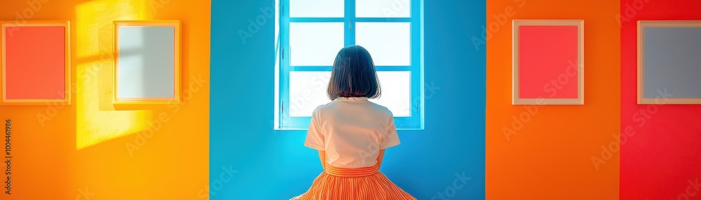Child gazing out colorful window Child gazing out colorful window