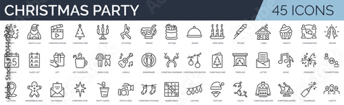 Set of 45 outline icons related to Christmas party. Linear icon collection. Editable stroke. Vector illustration