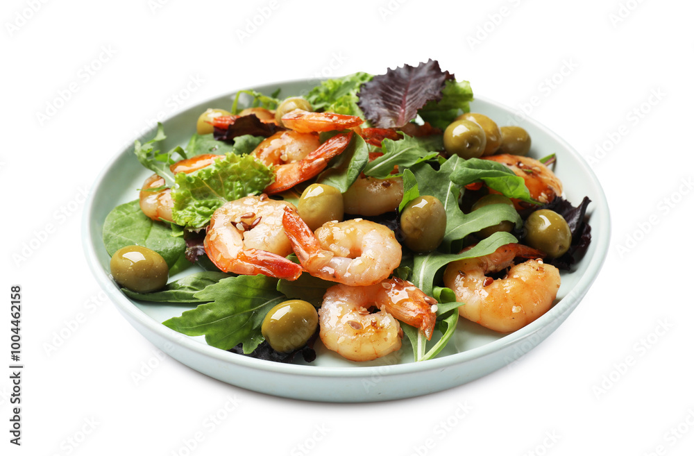 Delicious shrimp salad with olives isolated on white Delicious shrimp salad with olives isolated on white