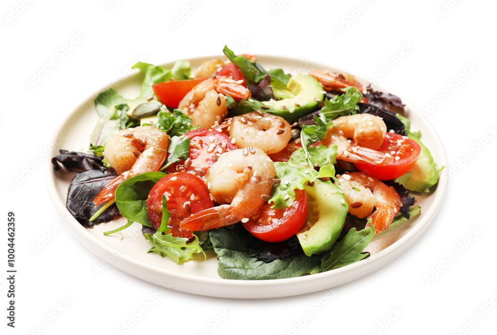 Delicious shrimp salad with vegetables isolated on white Delicious shrimp salad with vegetables isolated on white