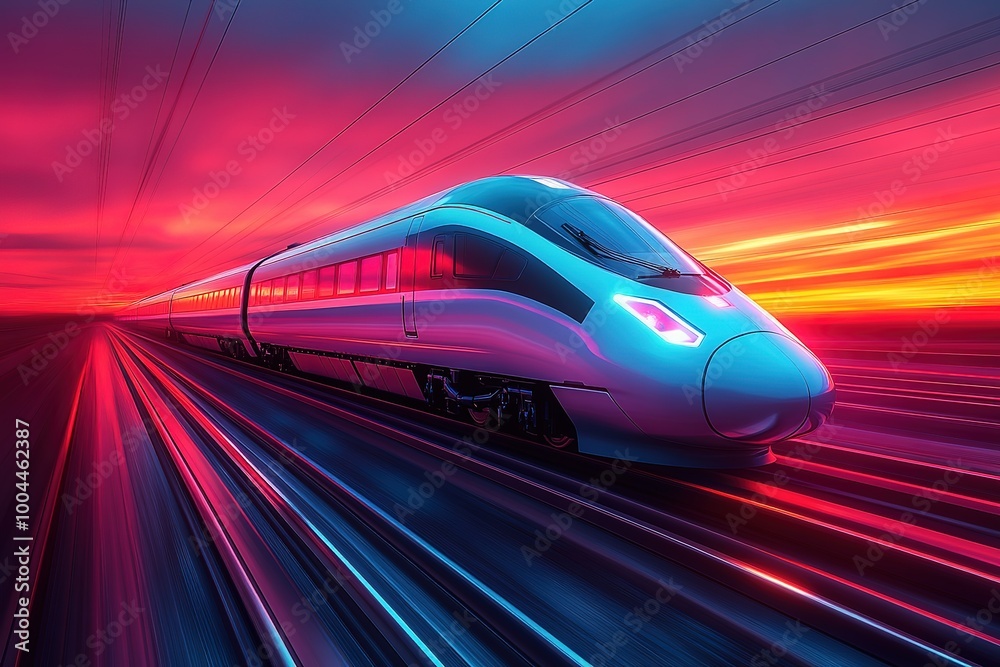 Obraz premium A train is traveling down the tracks with a bright orange sky in the background