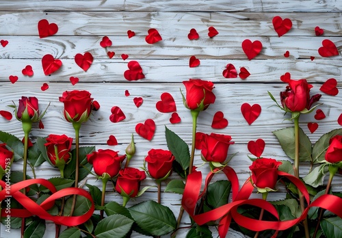 Romantic Valentine's Day Roses and Hearts on Wood