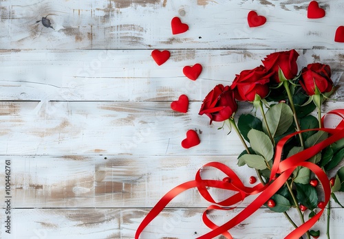 Red Roses, Ribbon, Hearts on Wooden Background
