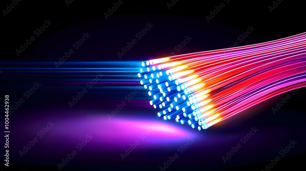Obraz premium Neon fiber optic cables streaming with glowing lights, flowing energy lines in vibrant colors, concept of digital data transfer, abstract tech visual