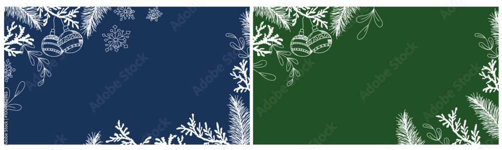 Fondo Navidad Simple de color azul y verde con decoraciones de hojas y adornos de navidad en blanco