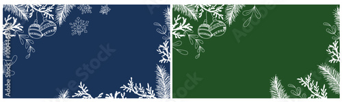Fondo Navidad Simple de color azul y verde con decoraciones de hojas y adornos de navidad en blanco