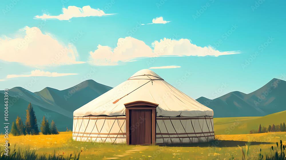 Yurt national old house of asian peoples. kazakhstan yurta on summer background of green meadows and highlands. Mongolian Yurt. Illustration Yurt national old house of asian peoples. kazakhstan yurta on summer background of green meadows and highlands. Mongolian Yurt. Illustration