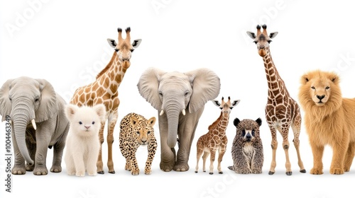 This illustration depicts a variety of animals including an elephant, giraffe, monkey, lion, and others, all gathered together on a clean white background, celebrating wildlife diversity