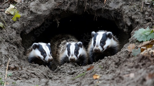 75. A family of badgers digging and playing in their underground sett