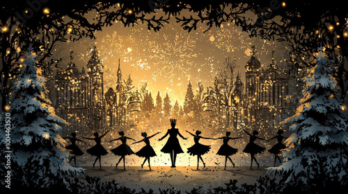 A magical winter scene featuring silhouette of dancers in snowy landscape, surrounded by trees and ornate buildings. atmosphere is enchanting, evoking spirit of Nutcracker ballet