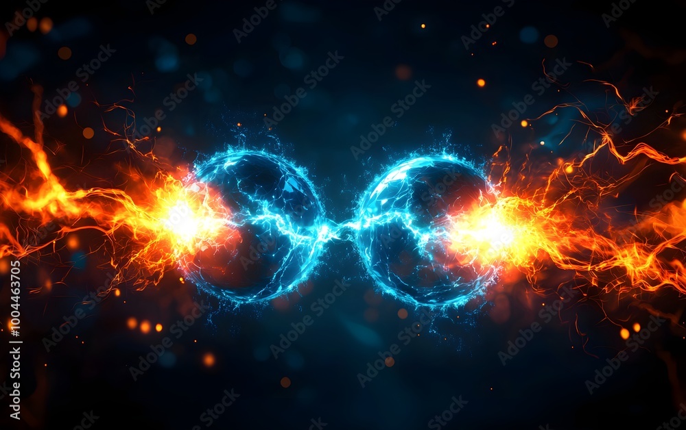 Fototapeta premium Two glowing energy spheres connected by beams of blue light, surrounded by fiery electric arcs, concept of quantum entanglement and futuristic energy