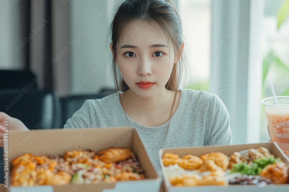 Asian woman with takeaway food and drinks at home. consumption eating home delivery food. enjoying delicious takeaway delivery tasty meal. generative ai Asian woman with takeaway food and drinks at home. consumption eating home delivery food. enjoying delicious takeaway delivery tasty meal. generative ai