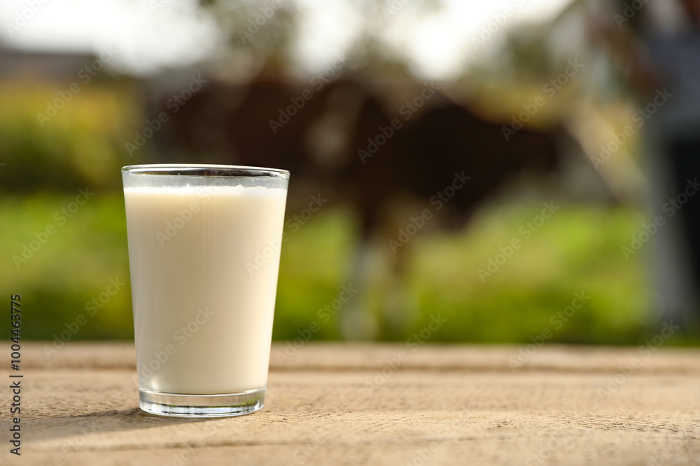 Fresh milk in glass on wooden table outdoors Fresh milk in glass on wooden table outdoors