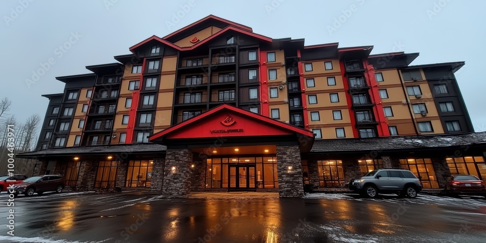 The imposing multi-story hotel building features a modern architectural ...