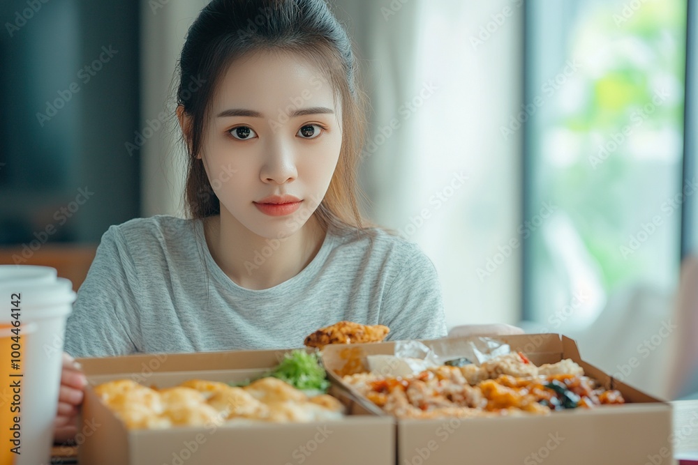Asian woman with takeaway food and drinks at home. consumption eating home delivery food. enjoying delicious takeaway delivery tasty meal. generative ai Asian woman with takeaway food and drinks at home. consumption eating home delivery food. enjoying delicious takeaway delivery tasty meal. generative ai
