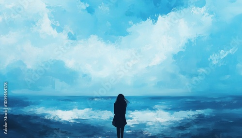 Solitude And Sadness: A Woman In Surreal Sea, Lonely And Lost. Concept Art Exploring Themes Of Depression, Loneliness, And Sorrow In Minimal Graphic Design Style. photo