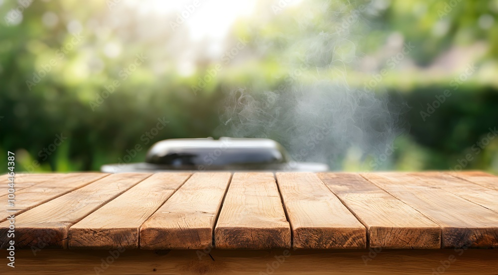 Wooden table in focus with a blurred backyard barbecue in the distance, grill smoking in a lush green garden, perfect summer cookout scene Wooden table in focus with a blurred backyard barbecue in the distance, grill smoking in a lush green garden, perfect summer cookout scene