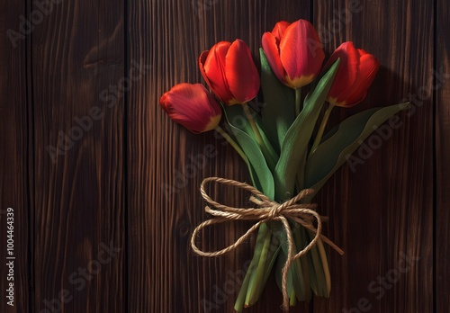 Red Tulips Bouquet Tied with Twine on Rustic Wood