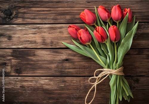 Red Tulip Bouquet on Rustic Wooden Background
