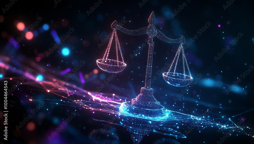 Glowing Digital Scales Representing Law and Justice for Financial Business Presentation, AI generated illustration Glowing Digital Scales Representing Law and Justice for Financial Business Presentation, AI generated illustration