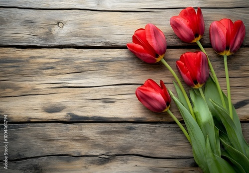 Red Tulips Bouquet on Rustic Wooden Background